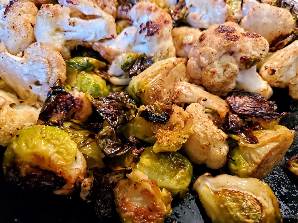 Char-Roasted Brussels Sprouts and Cauliflower with Bacon and Balsamic